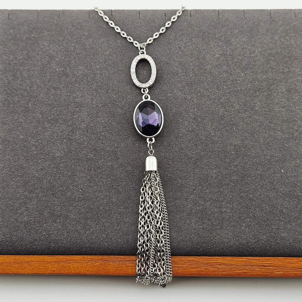 Silver Tone Jewel Link Tassel Drop Long Necklace Elevated Basic Dressy Office